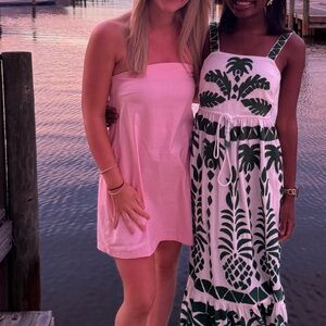 Pink, strapless linen-like material